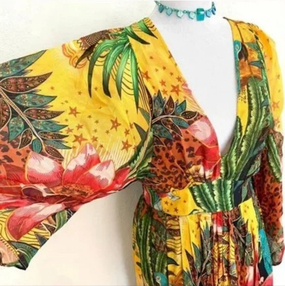 NWT Farm Rio Tropical Dreams Caftan Maxi Dress In Cheetah & Floral Print - Picture 7 of 16